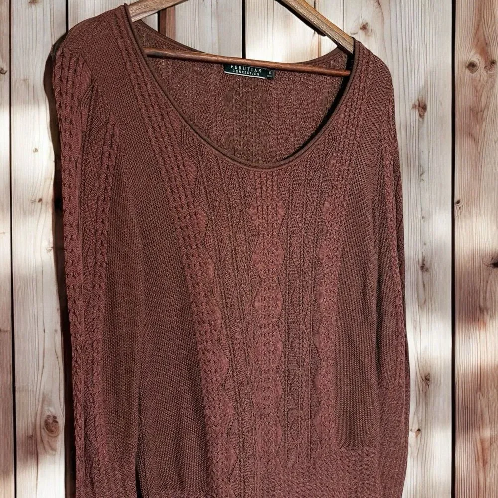 Peruvian‎ Connection Cable Knit Sweater | Womens Small | Brown 100% Pima Cotton